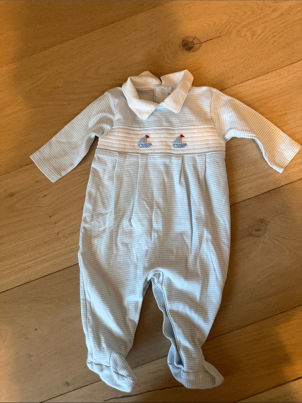Kissy Kissy Light Blue Collared Footie with Sailboat Smocking